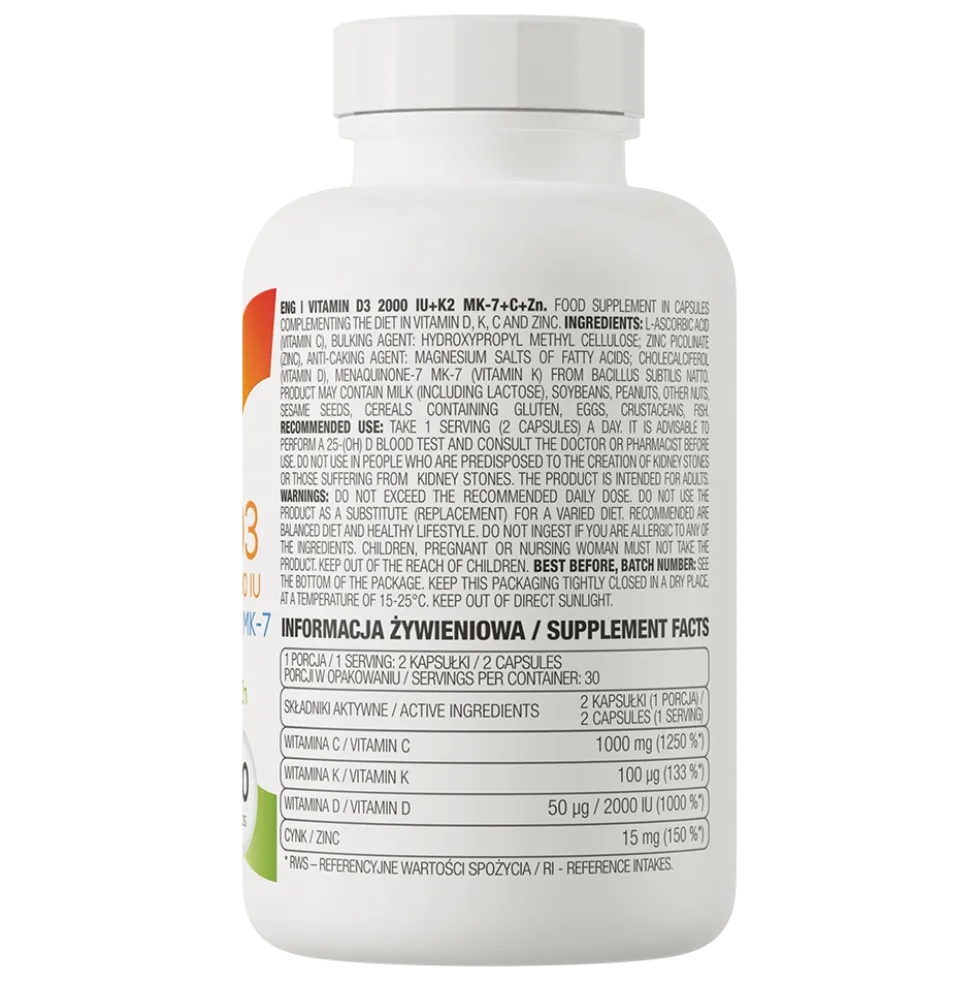 OstroVit Witamina D3 2000 IU + K2 MK-7 + C + Zn 60 kapsułek